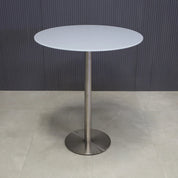 36-inch California Round Bar Table in 1/2" white tempered glass top and silver base shown here.