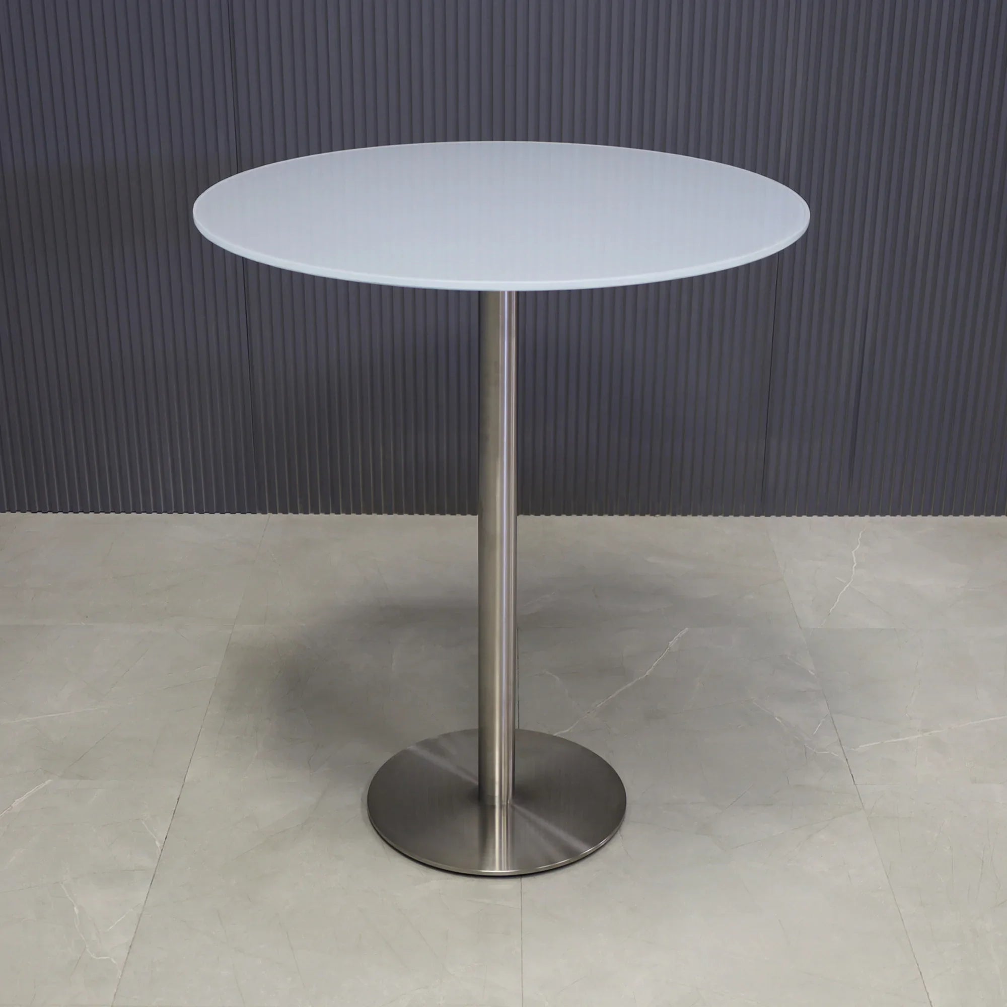 36-inch California Round Bar Table in 1/2" white tempered glass top and silver base shown here.