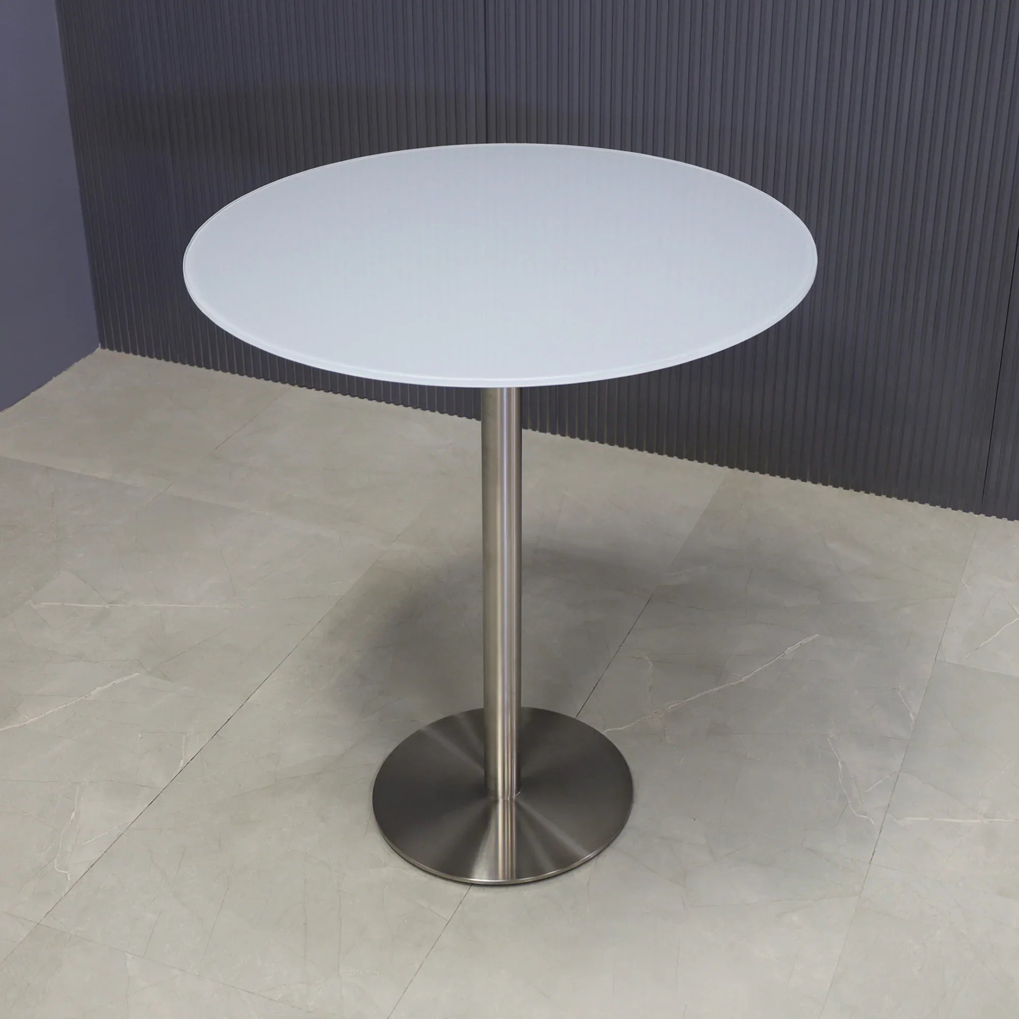 36-inch California Round Bar Table in 1/2" white tempered glass top and silver base shown here.