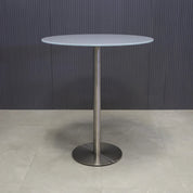 36-inch California Round Bar Table in 1/2" white tempered glass top and silver base shown here.