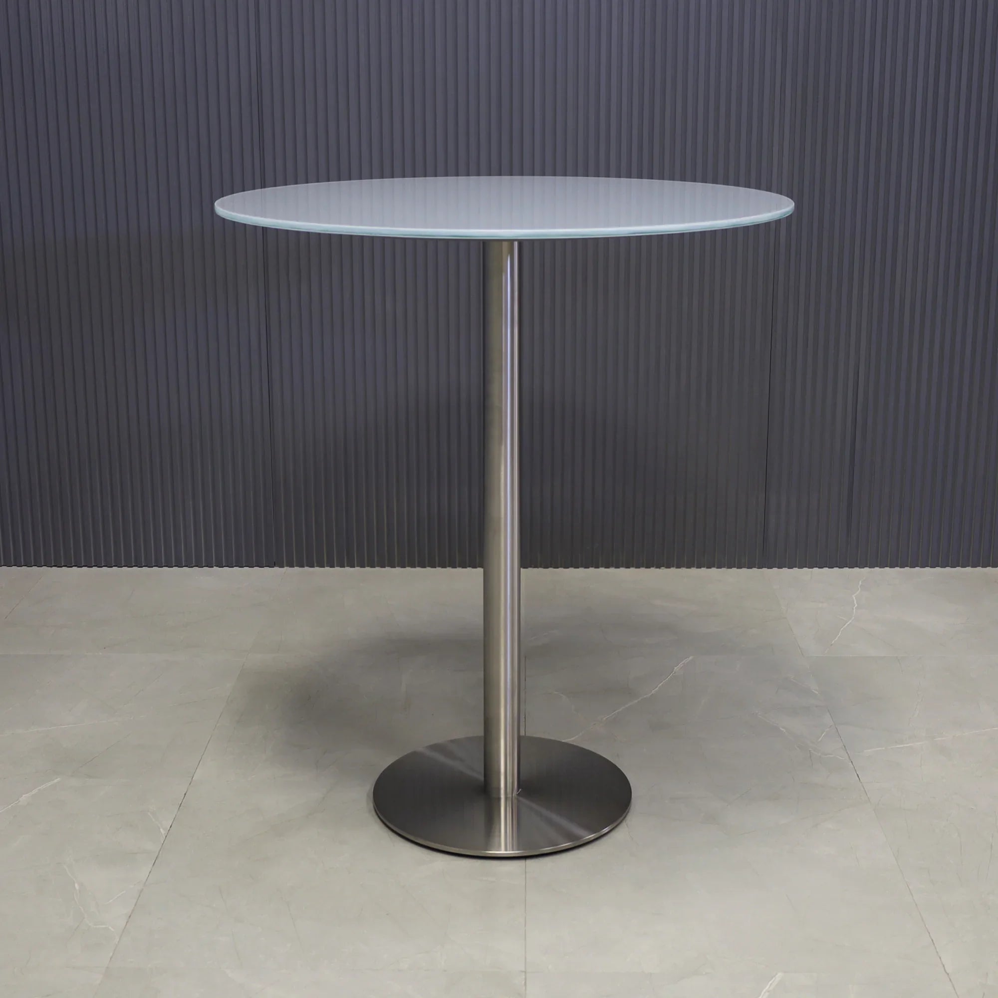 36-inch California Round Bar Table in 1/2" white tempered glass top and silver base shown here.