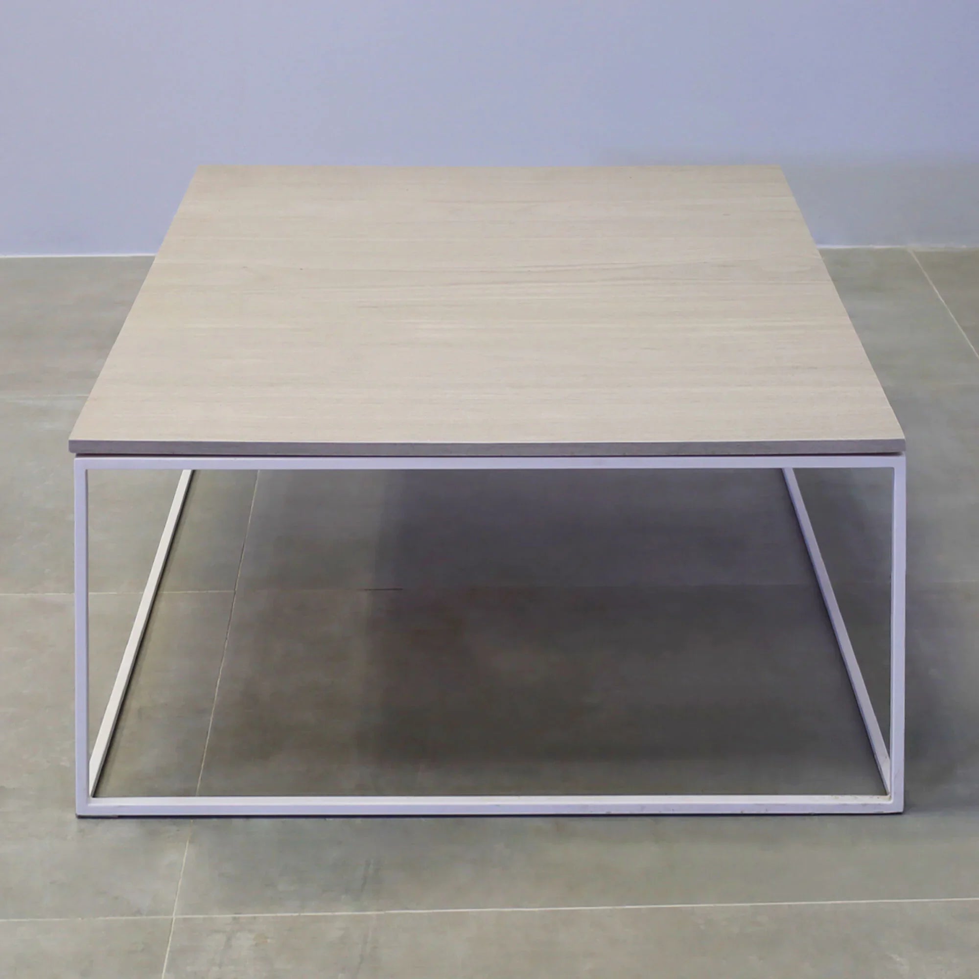 36-inch Aspen Square Lobby Table in gray oak matte PVC top, and white powder-coated metal base.