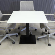 36-inch California Square Cafeteria Table with 1/2-inch white tempered glass top and metal powder-coated black base.