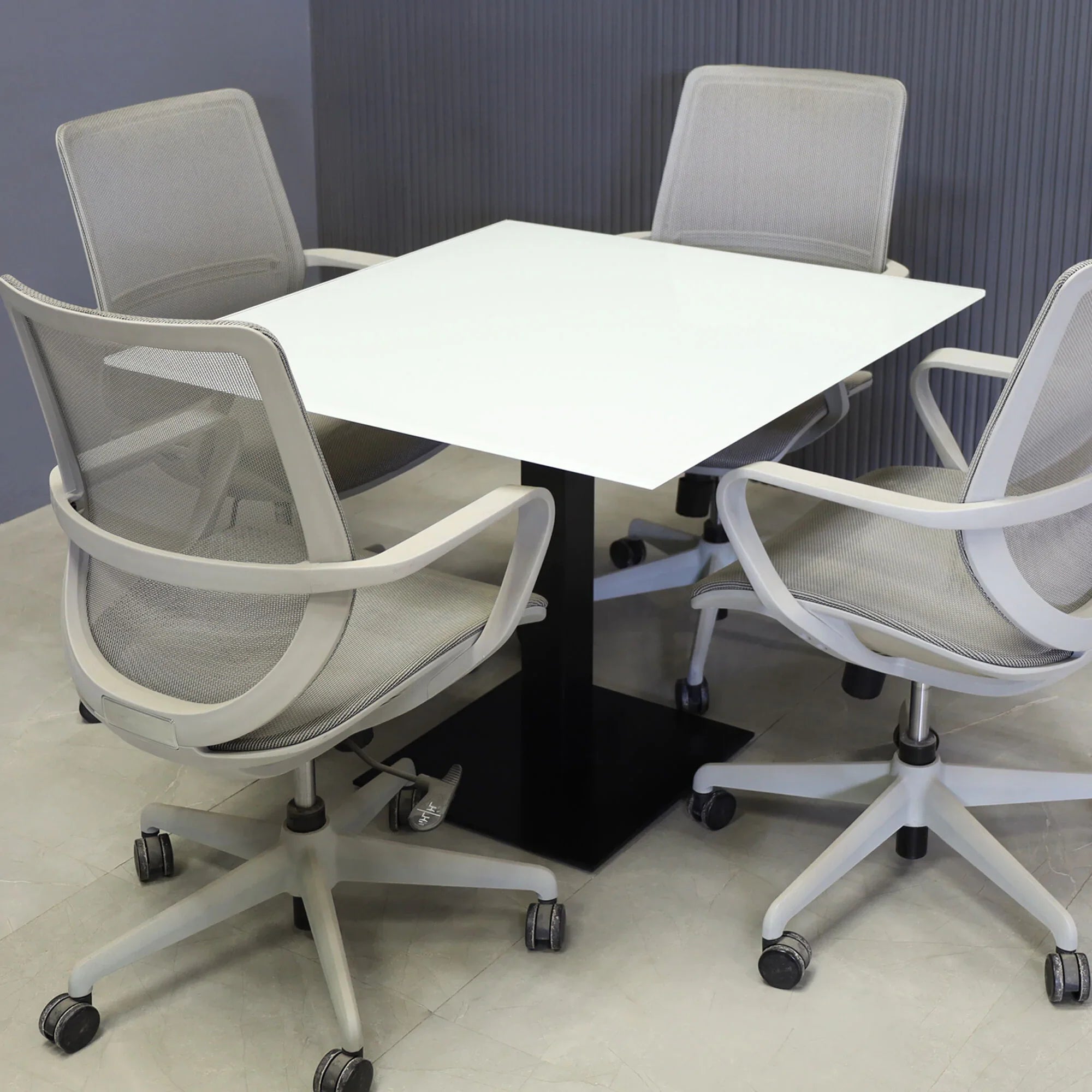36-inch California Square Cafeteria Table with 1/2-inch white tempered glass top and metal powder-coated black base.