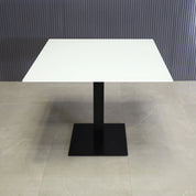 36-inch California Square Cafeteria Table with 1/2-inch white tempered glass top and metal powder-coated black base.