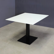 36-inch California Square Cafeteria Table with 1/2-inch white tempered glass top and metal powder-coated black base.