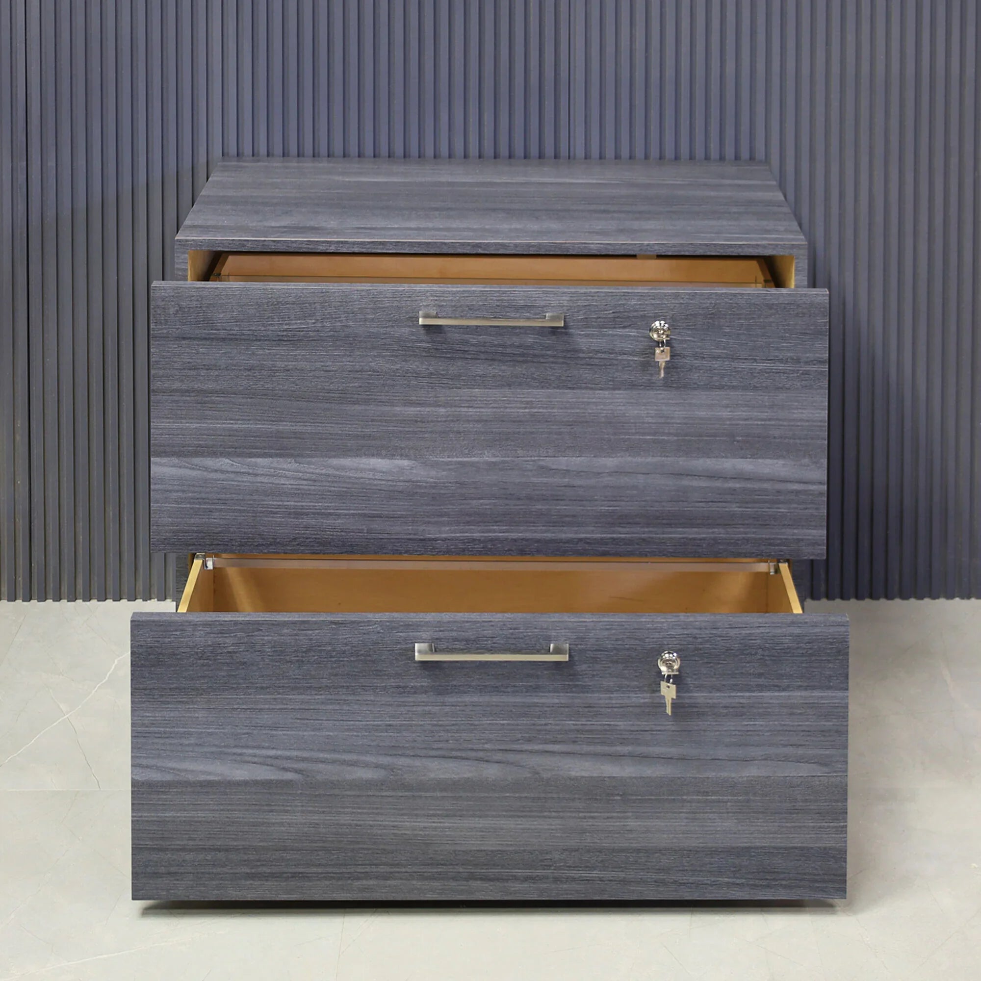 30-inch height Naples Lateral File Cabinet in storm teakwood matte laminate cabinet.