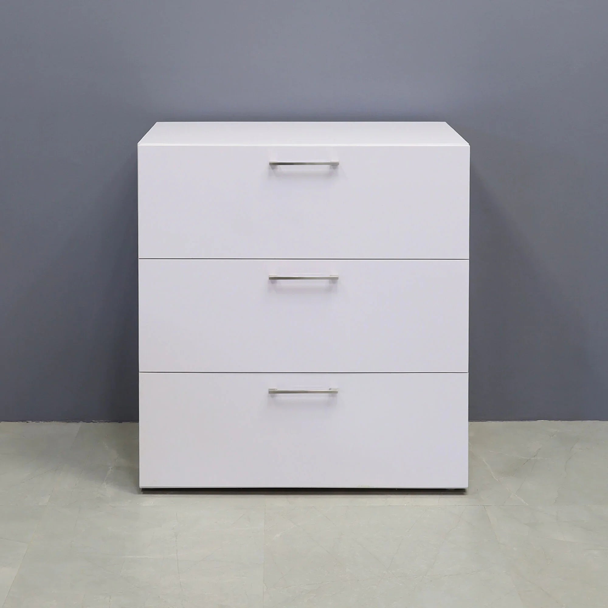 42-inch height Naples Lateral File Cabinet in white gloss laminate cabinet.