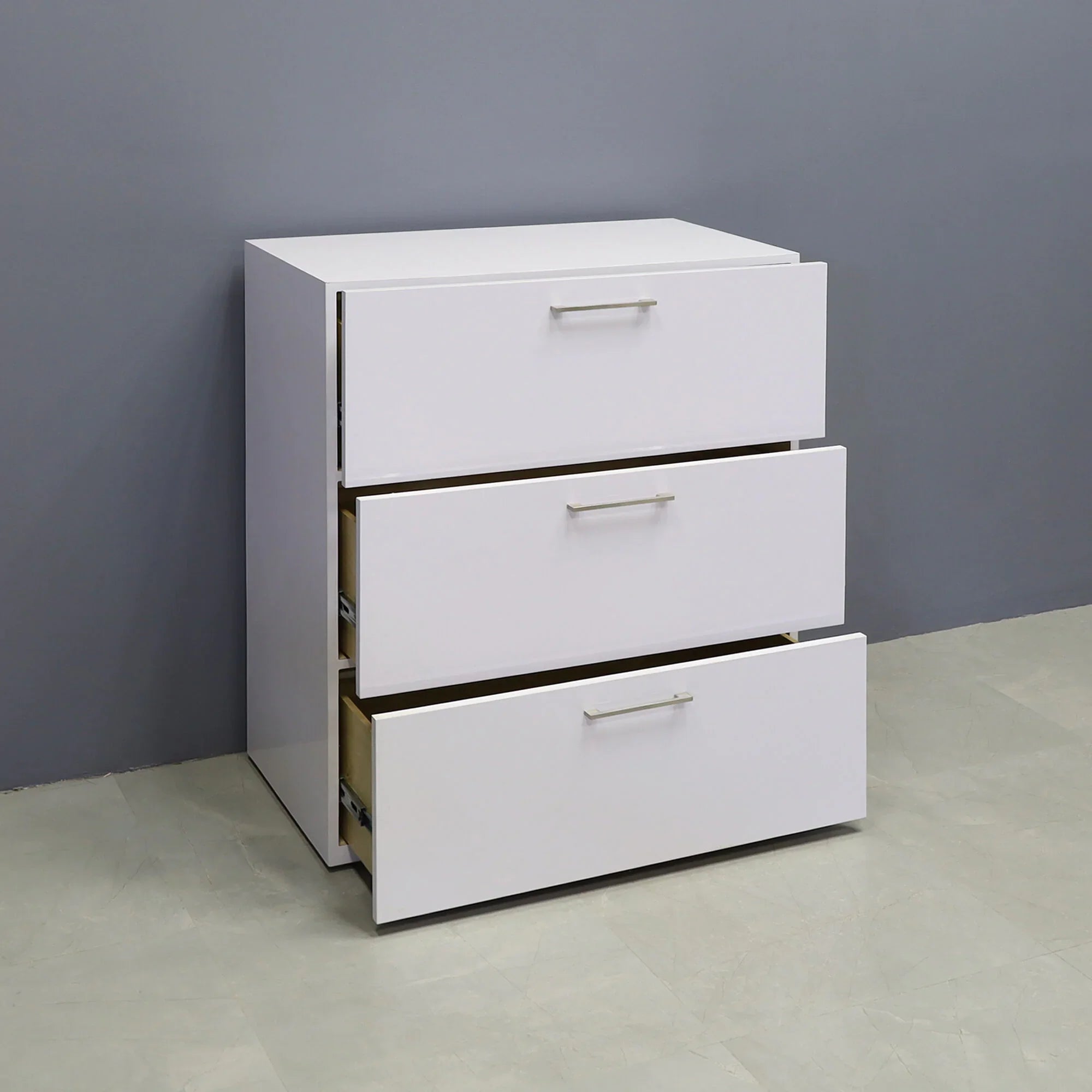 42-inch height Naples Lateral File Cabinet in white gloss laminate cabinet.