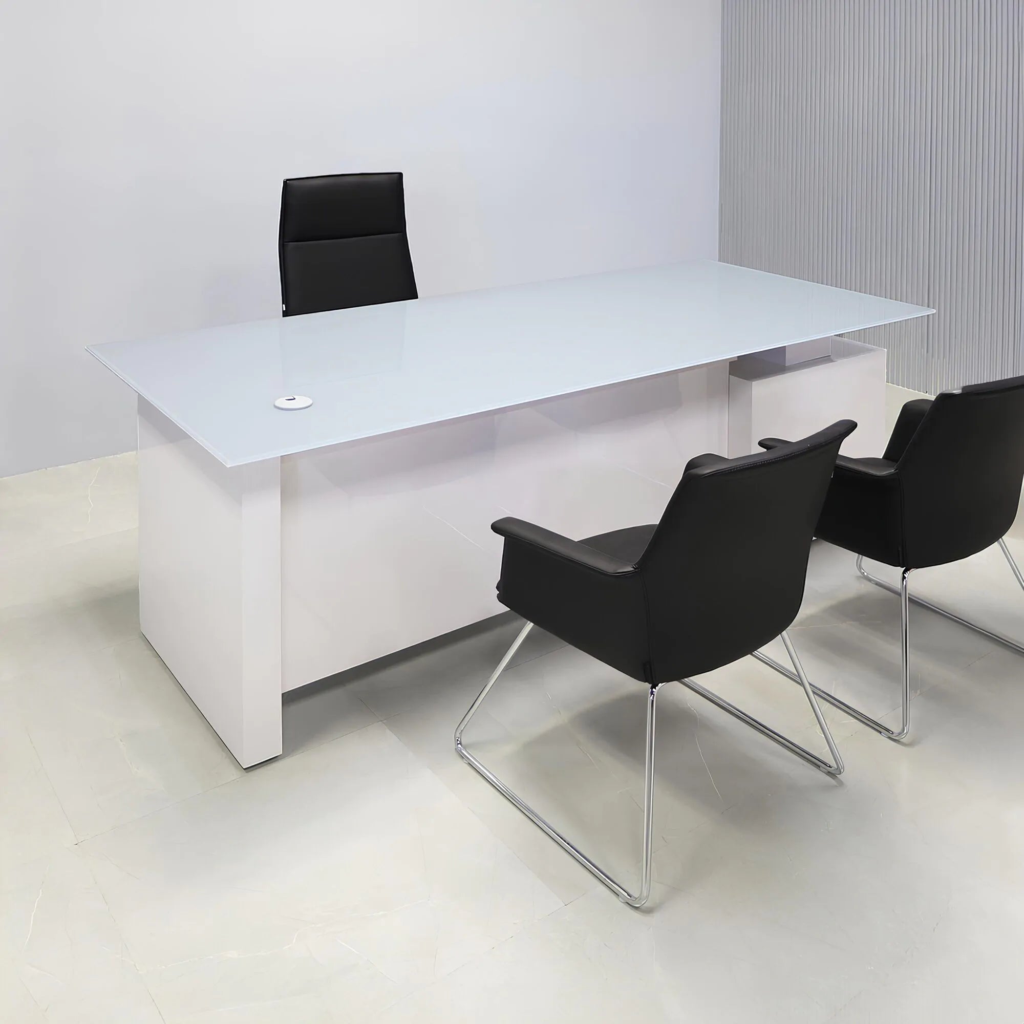 2" medium gray tempered glass top and white gloss laminate base & storage on left side when sitting with privacy panel, shown here.