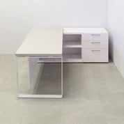 Aspen Executive Desk With Credenza and Laminate Top in fog gray matte lamina top, white matte laminate privacy panel and credenza, and white metal leg shown here.