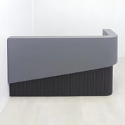 Nola L-Shape Curved Custom Reception Desk with fog gray matte laminate and black traceless tambour.