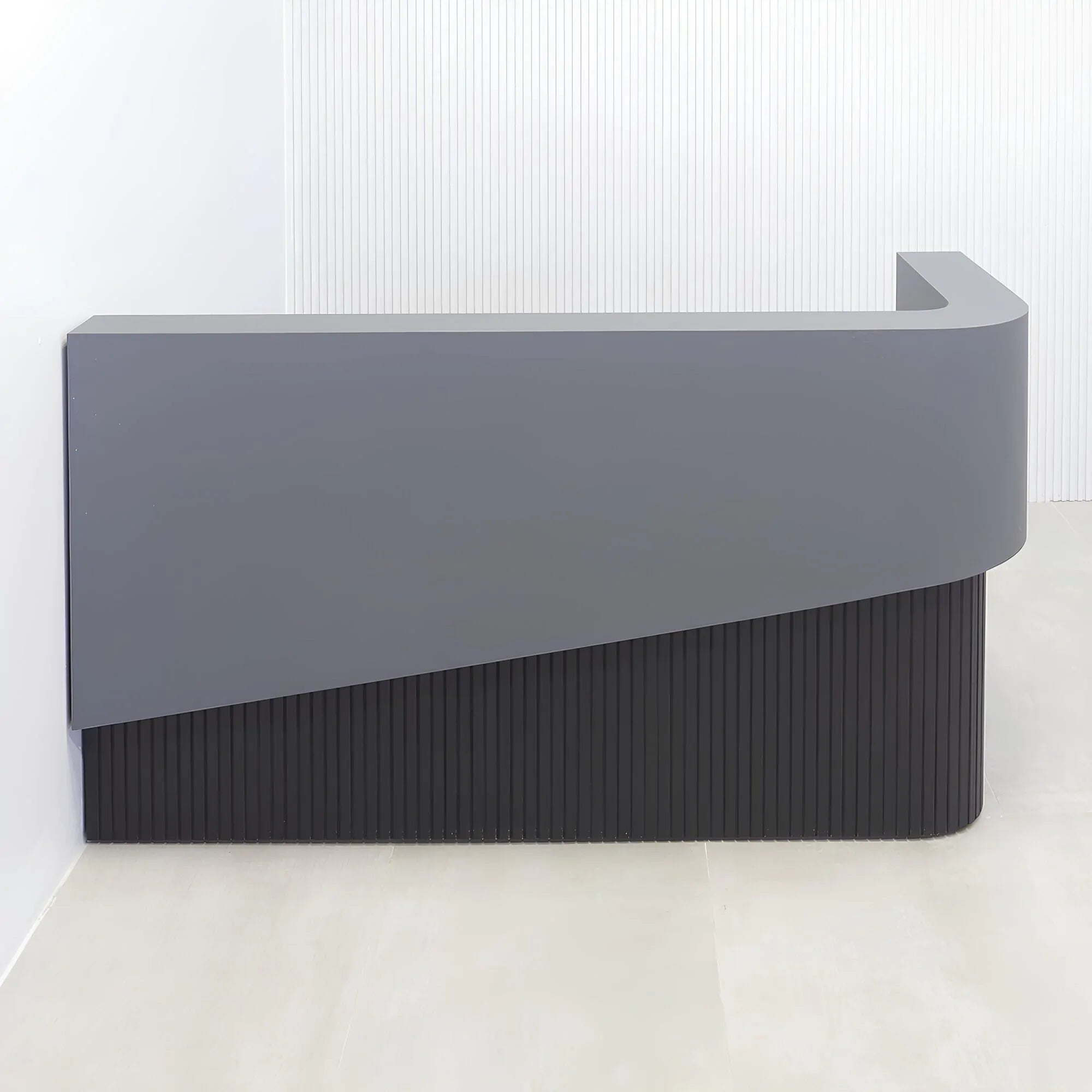 Nola L-Shape Curved Custom Reception Desk with fog gray matte laminate and black traceless tambour.