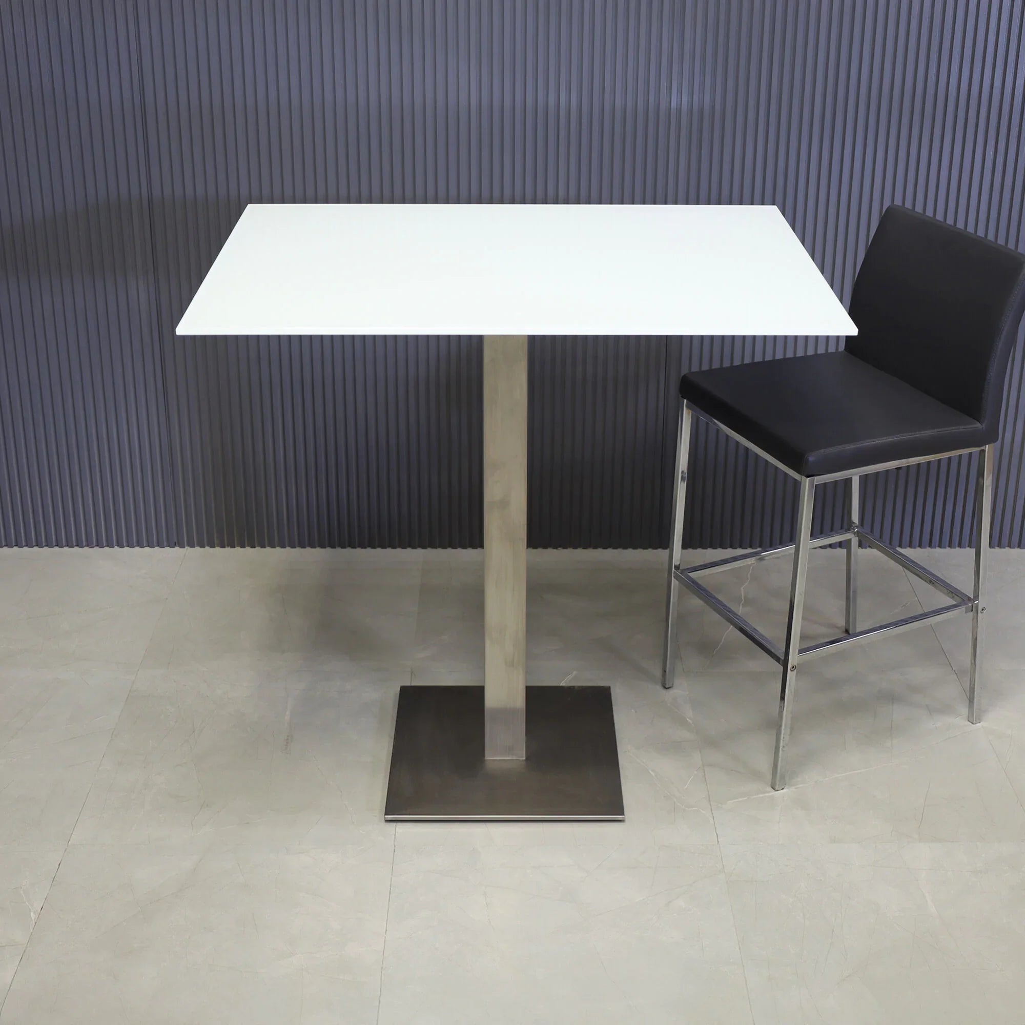42-inch California Rectangular Bar Table in 1/2" white tempered glass top, and stainless steel base.