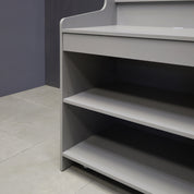 42-inch New Jersey Podium & Host Reception Desk in fog gray matte laminate main desk and white acrylic front panels.