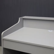 42-inch New Jersey Podium & Host Reception Desk in fog gray matte laminate main desk and white acrylic front panels.