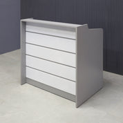 42-inch New Jersey Podium & Host Reception Desk in fog gray matte laminate main desk and white acrylic front panels.