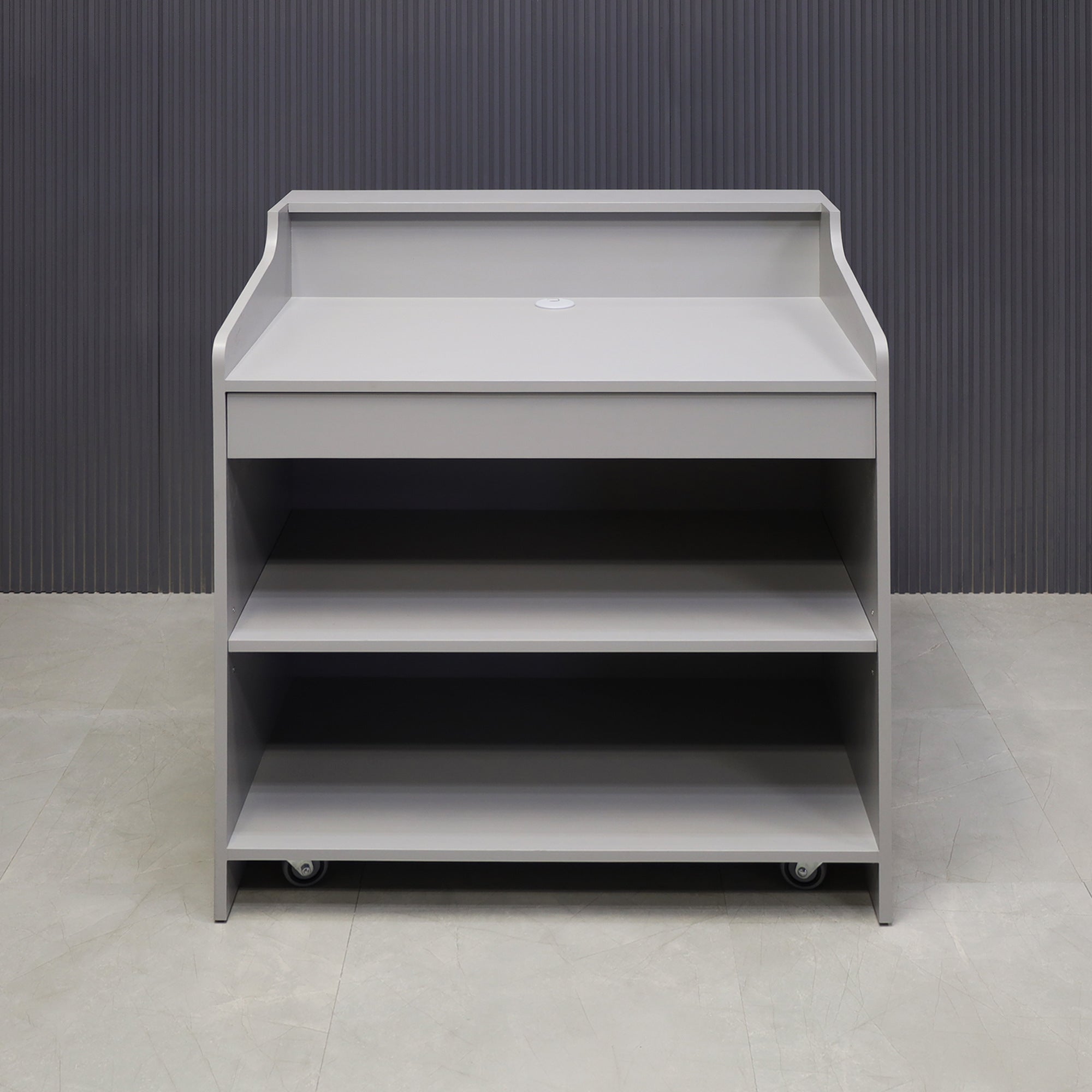 42-inch New Jersey Podium & Host Reception Desk in fog gray matte laminate main desk and white acrylic front panels.