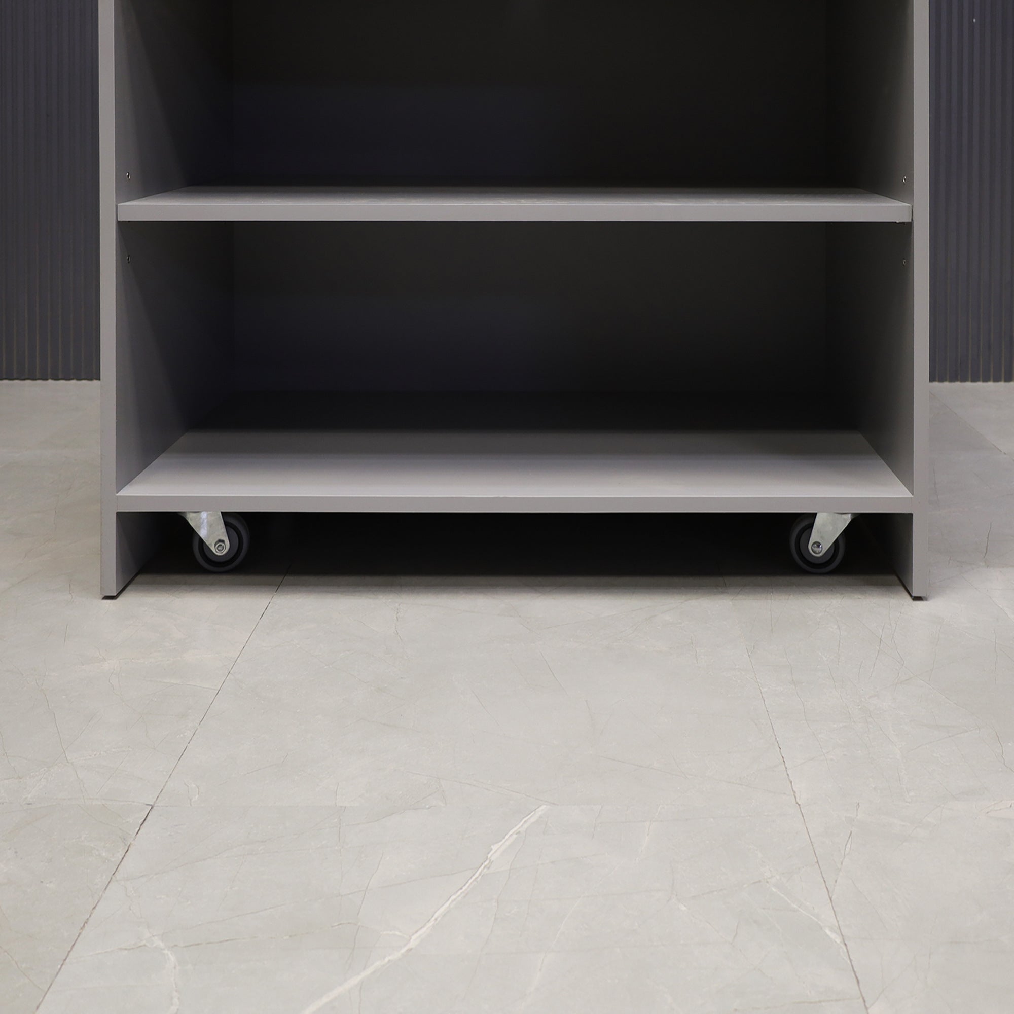 42-inch New Jersey Podium & Host Reception Desk in fog gray matte laminate main desk and white acrylic front panels.