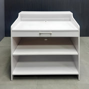 42-inch New Jersey Podium & Host Desk in white matte laminate main desk and white oak front panel, shown here.