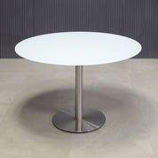 42-inch California Round Conference Table with 1/2-inch white tempered glass top and silver metal powder-coated base.