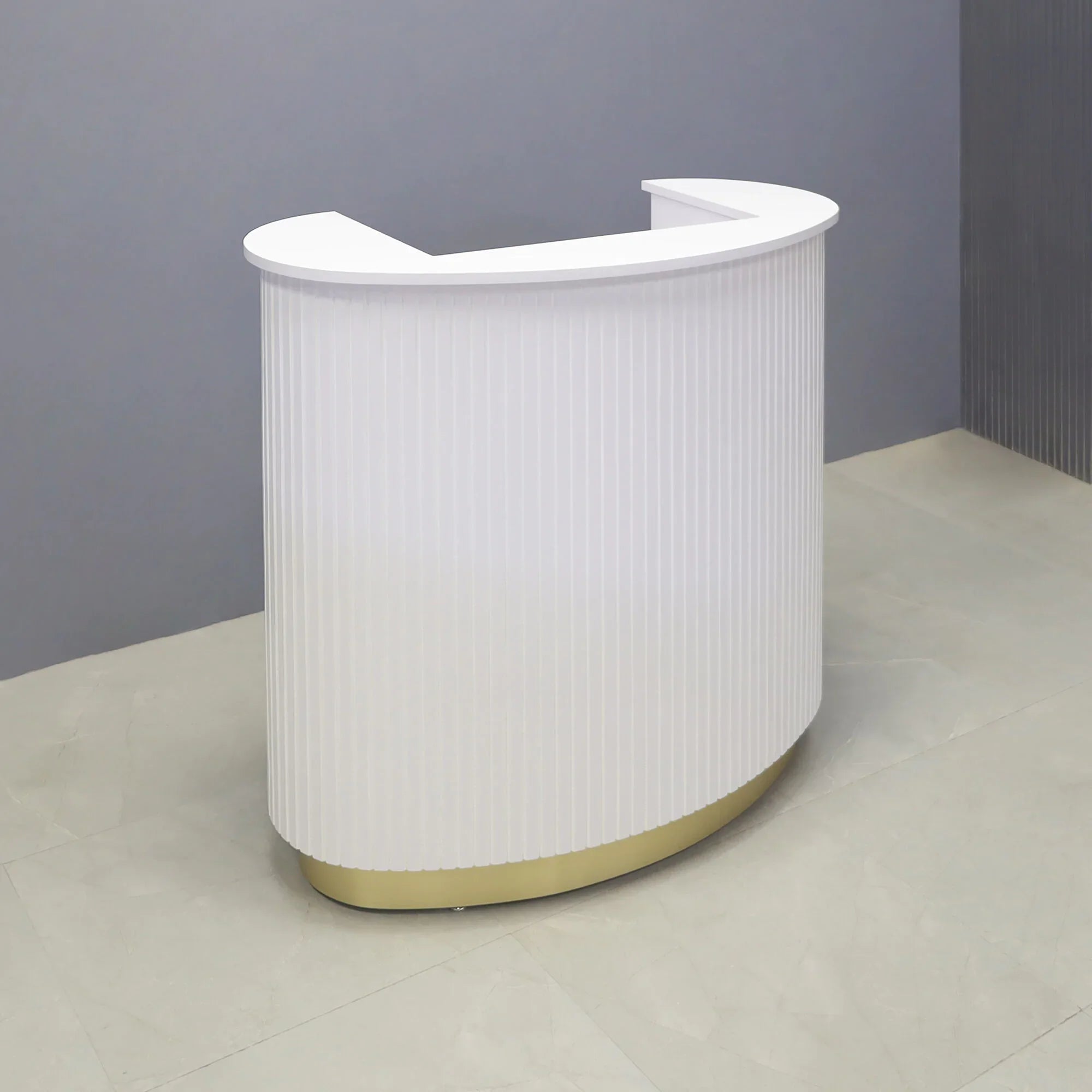 42-inch The Pill Podium & Host Custom Desk in white matte laminate top counter & workspace, white matte tambour main desk, and gold aluminum toe-kick.