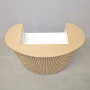 42-inch The Pill Podium & Host Custom Desk in white oak veneer top & toe-kick, white oak tambour main desk, and dover off-white matte laminate workspace.