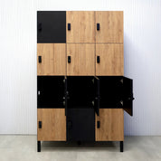 Portland Locker - Model 1A - 48"inch with Spiced Chestnut and Black Cinder Matte Laminate door finishes. Black Cinder Matte laminate body finish. Black liner inside finish and Black Matte hardware.