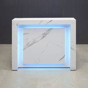 48-inch New York Straight Shape Custom Reception Desk in calcutta blanc stone pvc main desk and front panel, and white gloss laminate accent recessed, with multi-colored LED, shown here.