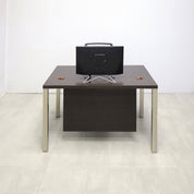 48-inch Dallas Straight Executive Desk with Ebony Recon matte laminate, Ebony Recon matte laminate privacy panel, and Brushed Aluminum legs.