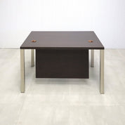 48-inch Dallas Straight Executive Desk with Ebony Recon matte laminate, Ebony Recon matte laminate privacy panel, and Brushed Aluminum legs.