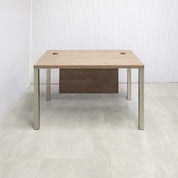 48-inch Dallas Straight Executive Desk with Hazel Walnut matte laminate, Hazel Walnut matte laminate privacy panel, and Brushed Aluminum legs.