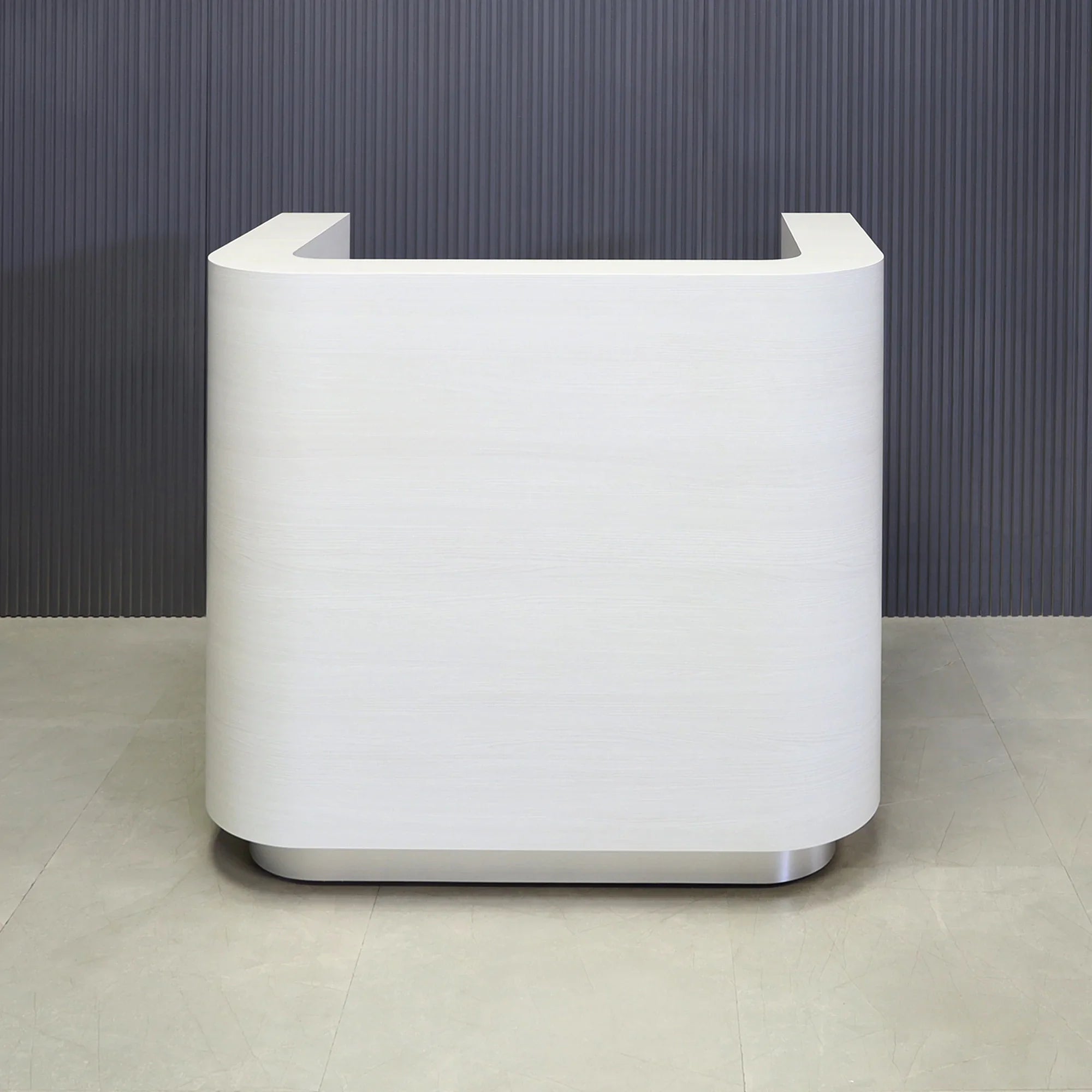 48-inch Nola Custom Reception Desk in white ash matte laminate main desk and brushed aluminum toe-kick.