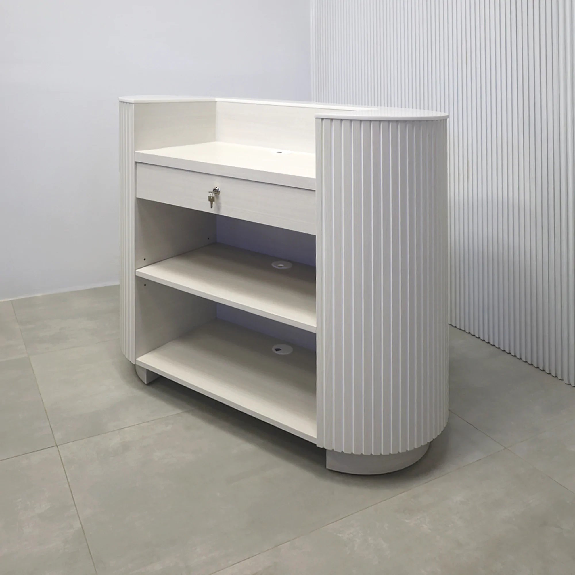 48-inch The Pill X2 Podium & Host Custom Desk White Ash Tambour front, White Solid engineered surface top, White Ash matte laminate workspace and toe-kick.