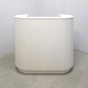 48-inch The Pill X2 Podium & Host Custom Desk White Ash Tambour front, White Solid engineered surface top, White Ash matte laminate workspace and toe-kick.