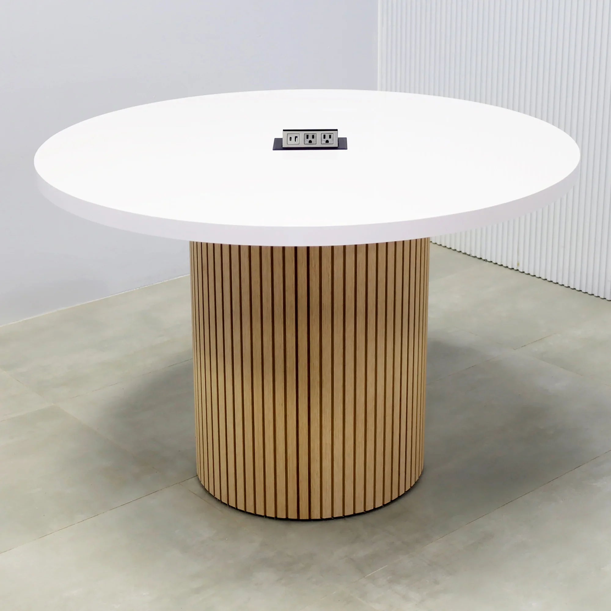 48-inch Newton Round Conference Table with X2 Base with white gloss laminate top, white oak tambour base, and MX2 power box in black.