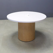 48-inch Newton Round Conference Table in white gloss laminate top, white oak tambour base, and white MX1 power box.