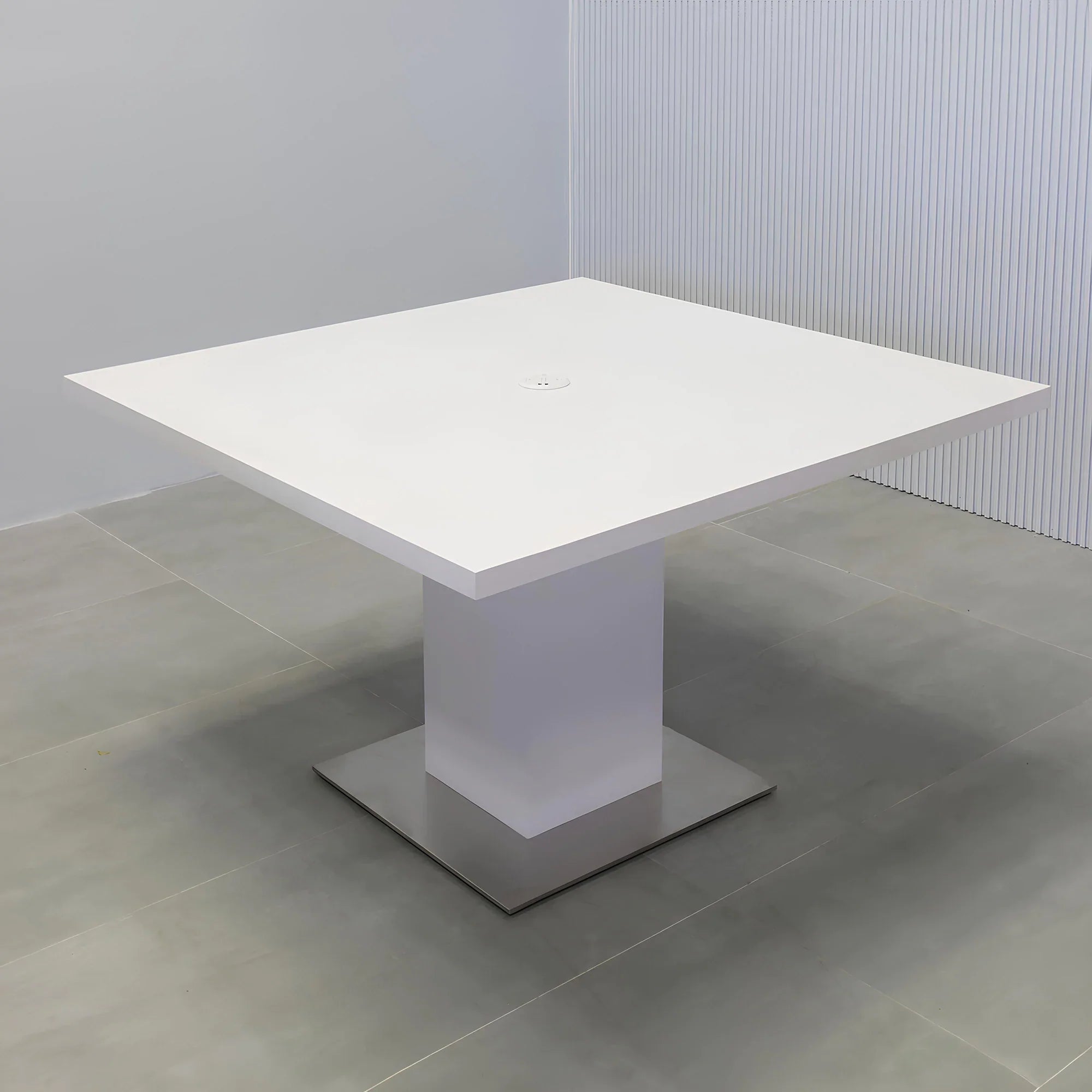 54-inch Newton Square Table with California X1 Base, pedestal in white matte PVC, silver metal powder-coated base, and white MX1 power box.