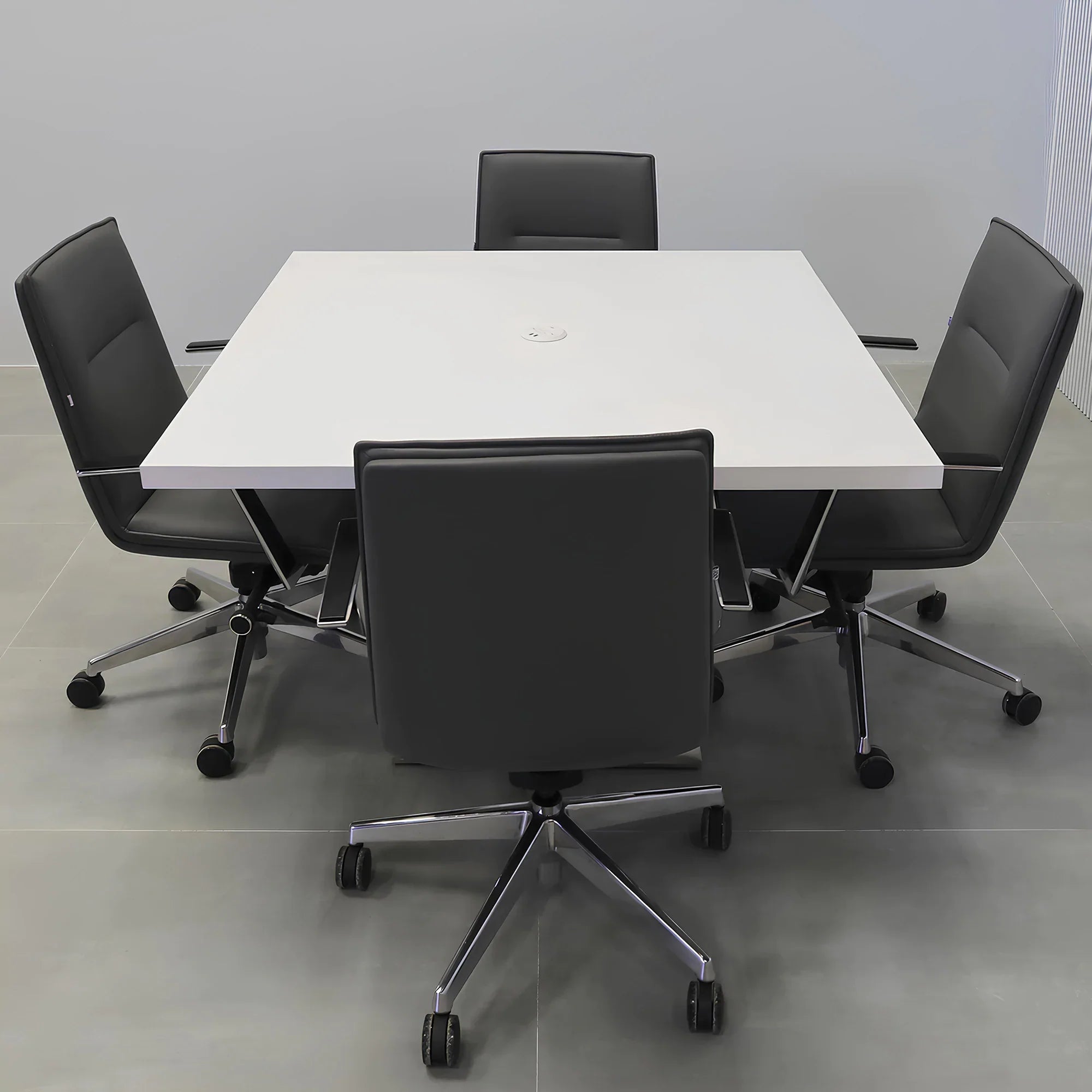 54-inch Newton Square Table with X1 Base, pedestal in white matte PVC, silver metal powder-coated base, and white MX1 power box.