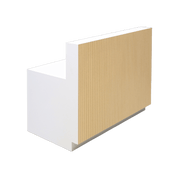 48-inch Dallas Straight Custom Reception Desk in with oak tambour main desk, and white matte laminate workspace & toe-kick.