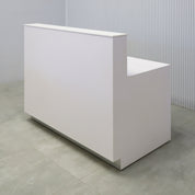 48-inch Dallas Straight Reception Desk with White Solid Engineered Surface top, White Matte laminate workspace & main body, and Brushed Aluminum toe-kick.