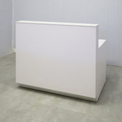 48-inch Dallas Straight Reception Desk with White Solid Engineered Surface top, White Matte laminate workspace & main body, and Brushed Aluminum toe-kick.