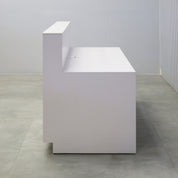 48-inch Dallas Straight Reception Desk with White Solid Engineered Surface top, White Matte laminate workspace & main body, and Brushed Aluminum toe-kick.