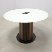 48-inch White Tempered Glass Top, Spiced Walnut veneer & Black background tambour pedestal, Black metal powder coated base, and Mx3 power box.