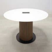 48-inch White Tempered Glass Top, Spiced Walnut veneer & Black background tambour pedestal, Black metal powder coated base, and Mx3 power box.