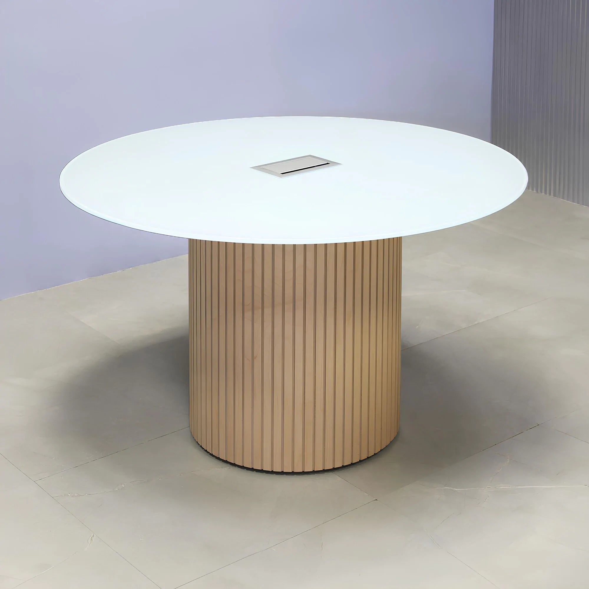 48-inch Omaha Round Conference Table in 1/2-inch white tempered glass top, and maple tambour base, with silver MX3 power box.