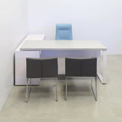 Aspen Executive Desk With Credenza and Laminate Top in fog gray matte lamina top, white matte laminate privacy panel and credenza, and white metal leg shown here.