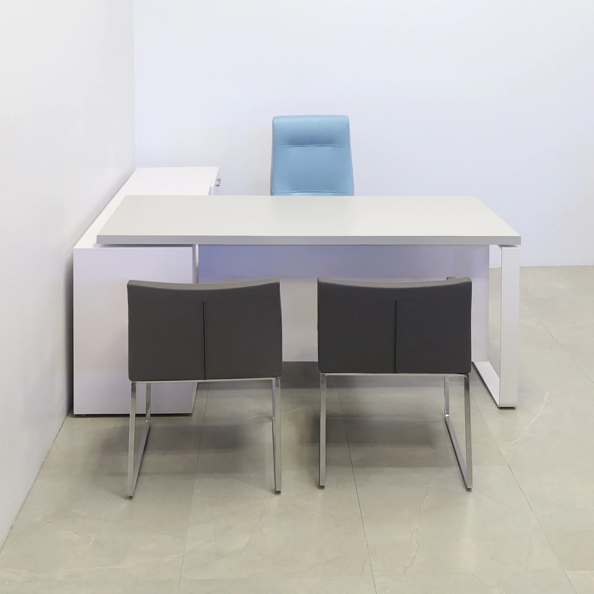 Aspen Executive Desk With Credenza and Laminate Top in fog gray matte lamina top, white matte laminate privacy panel and credenza, and white metal leg shown here.