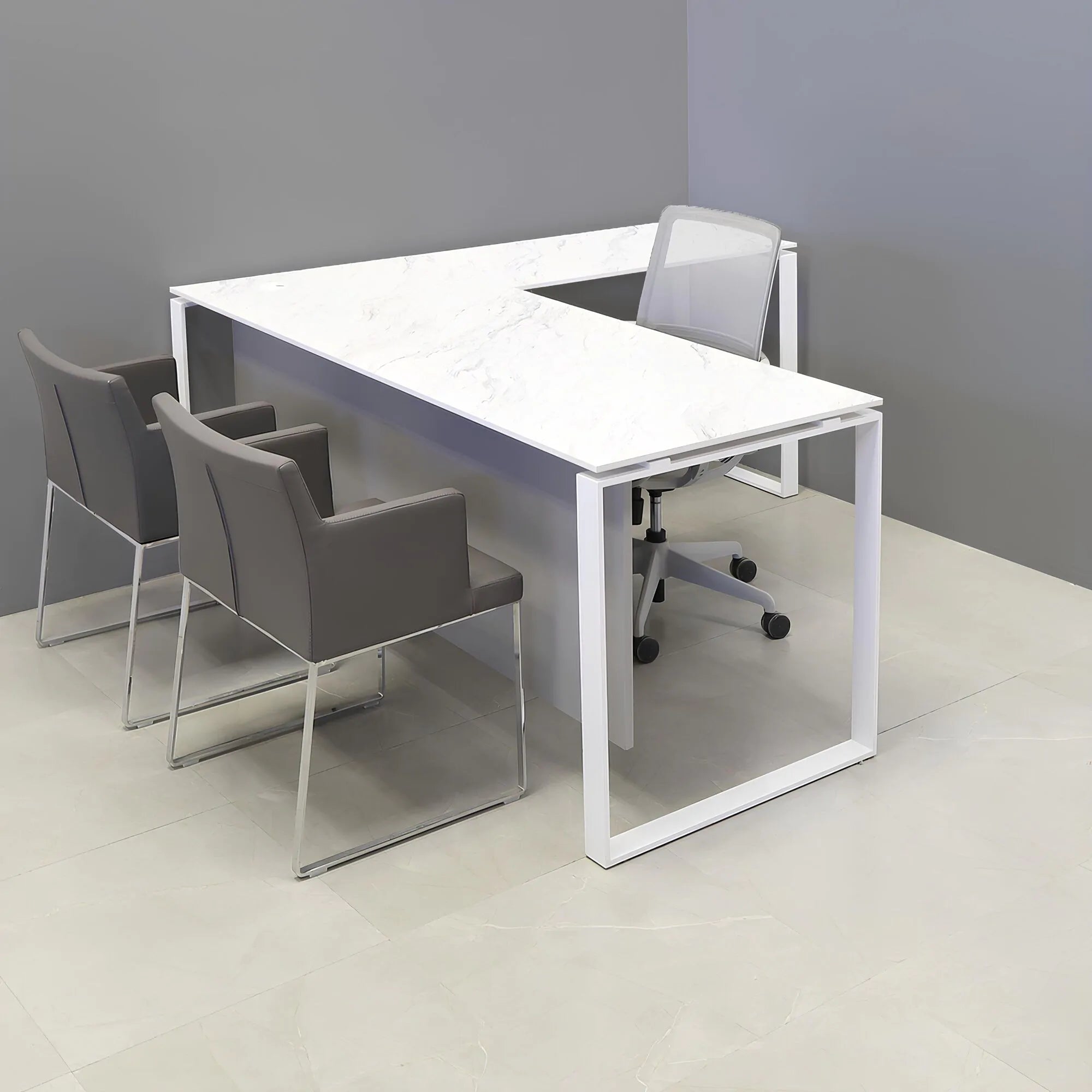 Aspen L-Shape Executive Desk With Engineered Stone Top in calcutta blanc top, folkstone gray privacy panel and white metal legs shown here.