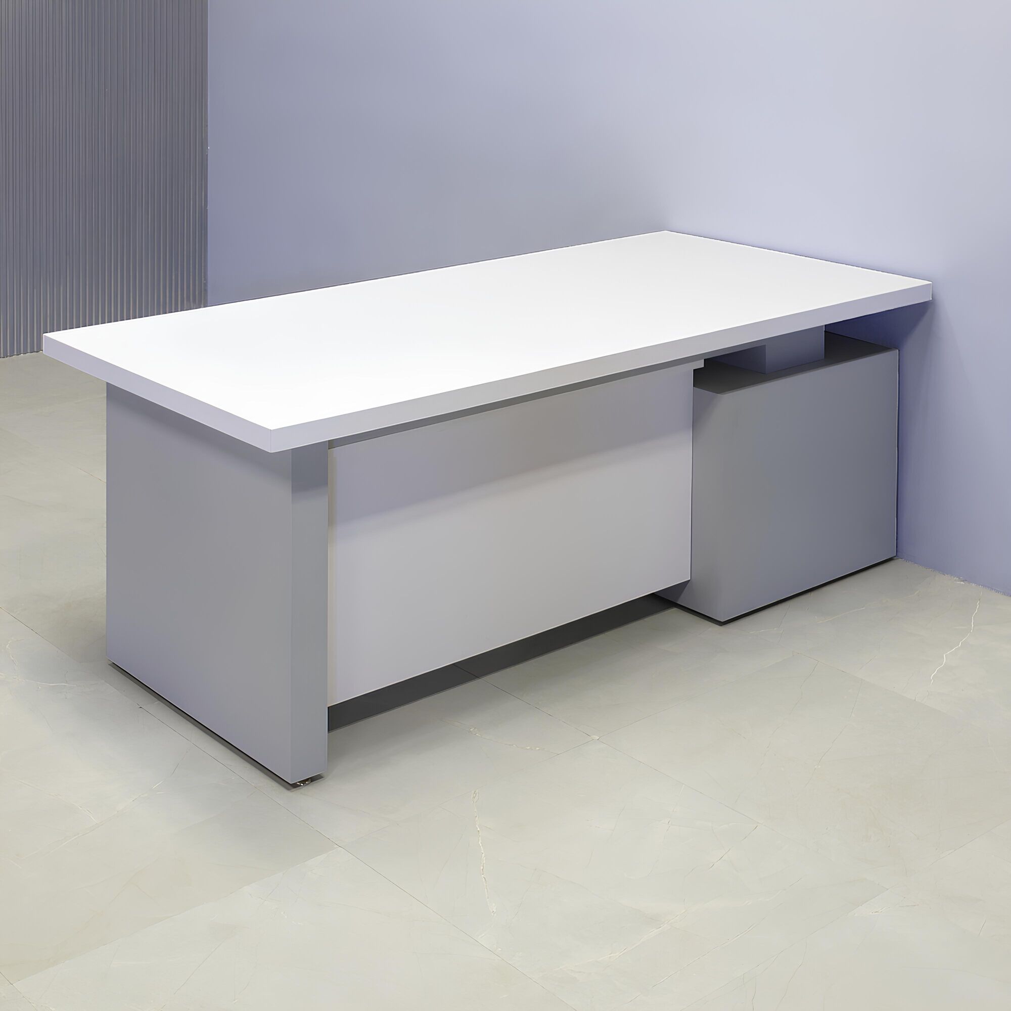 72-inch Avenue Straight Executive Desk with cabinet on the left side when sitting, with white matte laminate top & privacy panel, and fog gray matte laminate base & cabinet, shown here.